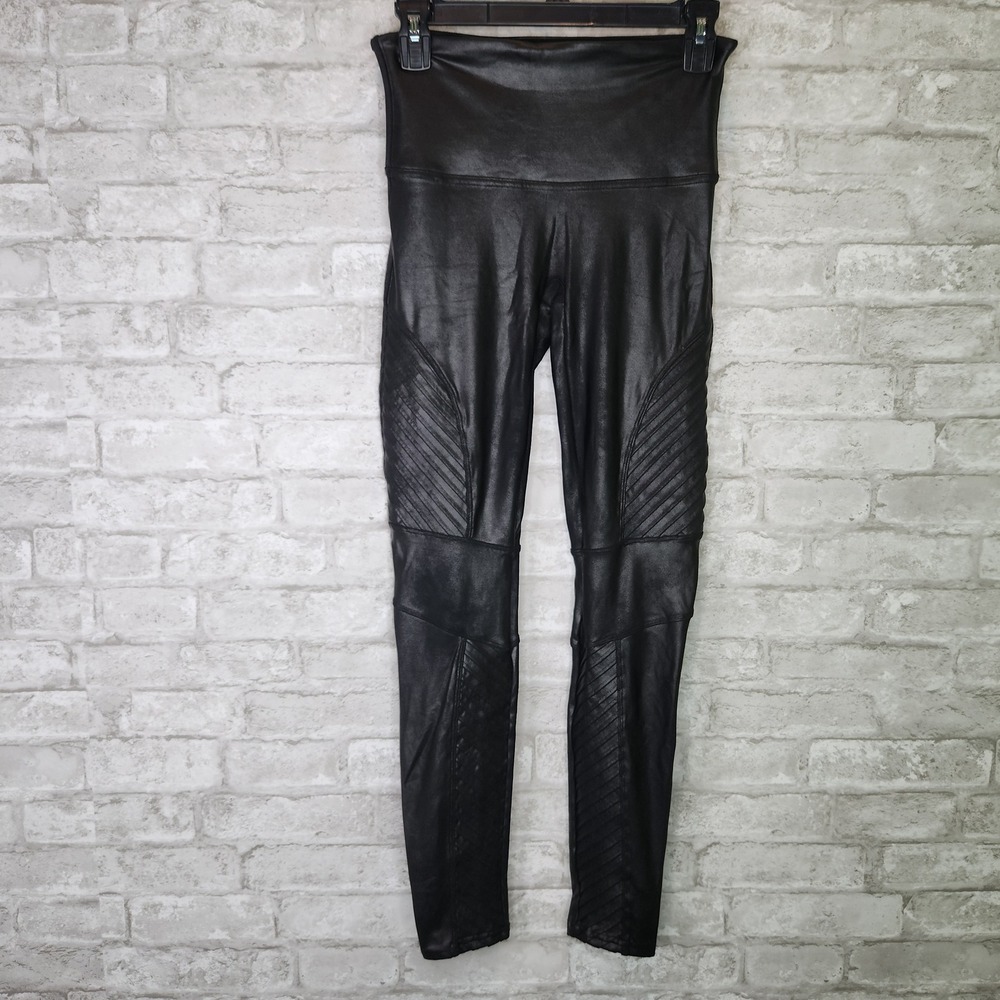 Spanx Leggings Moto Faux Leather Black Ribbed Edgy Large